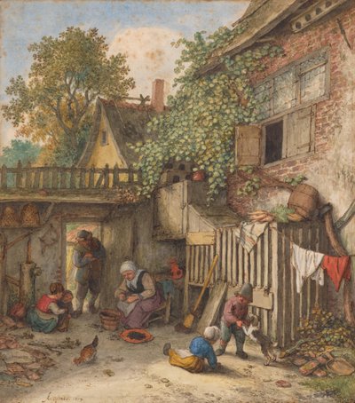 Pátio interior com uma mulher a limpar mexilhões de Adriaen van Ostade