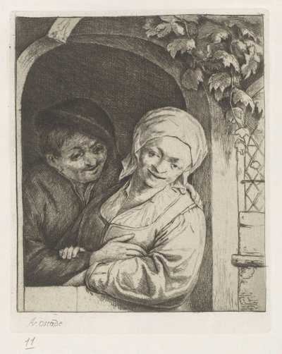 Agricultor e mulher do agricultor como casal de amor na porta de entrada de Adriaen van Ostade