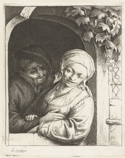 Agricultor e mulher de agricultor como um casal amoroso numa porta
O casal de amor camponês
A produção de amor entre camponeses de Adriaen van Ostade