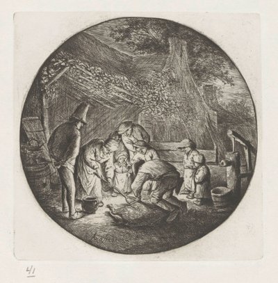 A família do agricultor no abate de um porco de Adriaen van Ostade