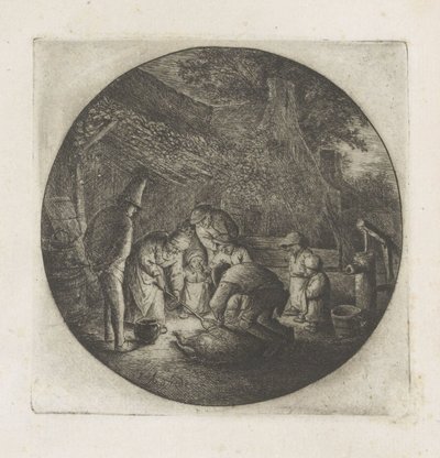 A família do agricultor no abate de um porco de Adriaen van Ostade