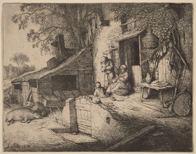 Quinta com uma família camponesa à porta da frente, a mulher fia de Adriaen van Ostade