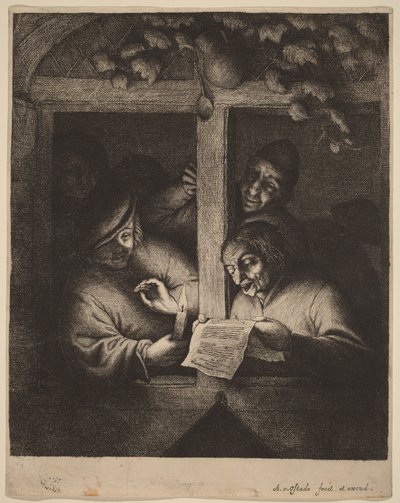 Quatro homens a uma janela, um lendo de uma folha à luz de uma vela de Adriaen van Ostade