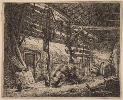 Interior de um celeiro com uma camponesa a trabalhar de Adriaen van Ostade