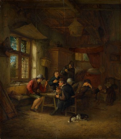 Interior de uma taberna com cinco camponeses e uma mulher de Adriaen van Ostade