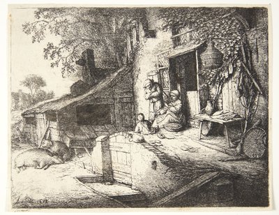 Mulher a girar em frente de uma quinta de Adriaen van Ostade
