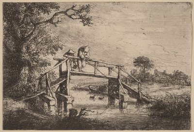 Paisagem com uma ponte e dois pescadores de Adriaen van Ostade
