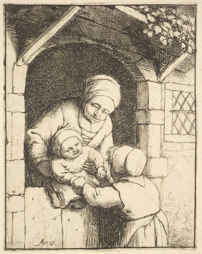 Menina brincando com um bebê nos braços de sua mãe, 1610-85. de Adriaen van Ostade