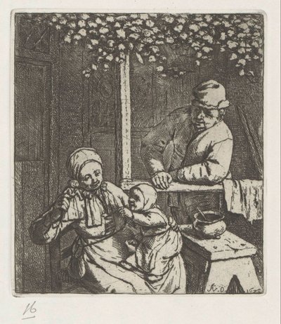 Mãe com filho no colo segurando de mão em mão a boneca de Adriaen van Ostade