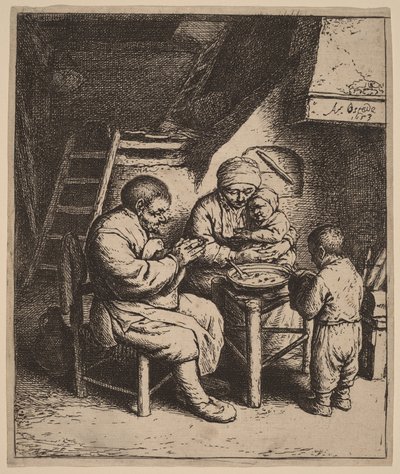 Família camponesa a rezar antes da refeição de Adriaen van Ostade