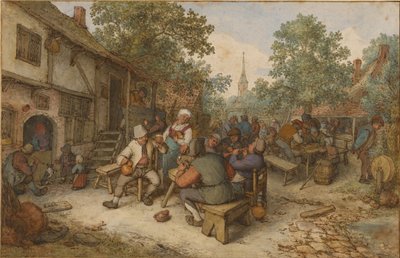 Festa dos camponeses numa rua da cidade de Adriaen van Ostade