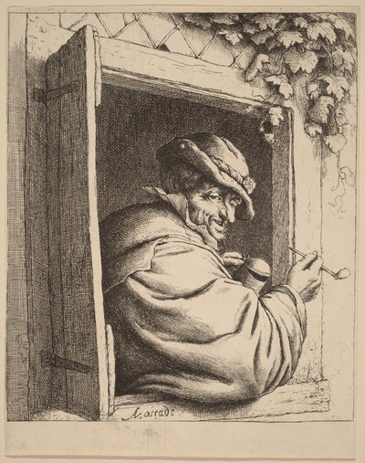 Camponês à janela, segurando um cachimbo e um jarro de Adriaen van Ostade