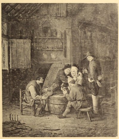 Camponeses à volta de um barril numa estalagem de Adriaen van Ostade