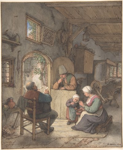 Leitura das notícias na casa dos tecelões de Adriaen van Ostade