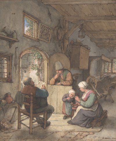 Lendo as notícias no chalé dos tecelões, 1673. de Adriaen van Ostade
