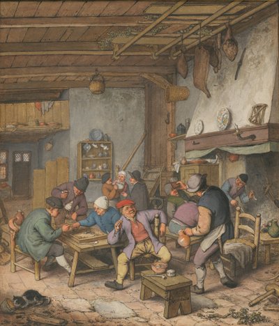 Quarto numa estalagem com camponeses a beber, a fumar e a jogar Backgam, 1678 de Adriaen van Ostade