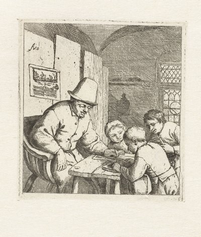 Schoolmaster com três estudantes na mesa A escola de Adriaen van Ostade