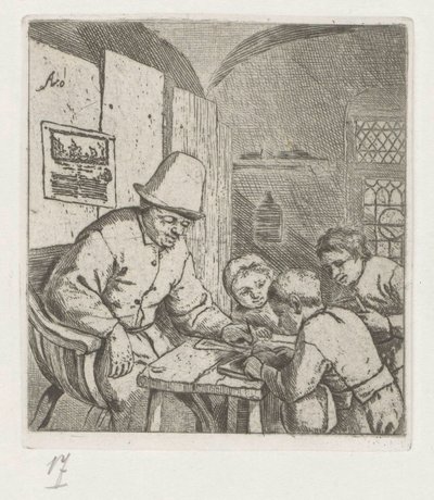 Professor escolar com três alunos à mesa de Adriaen van Ostade