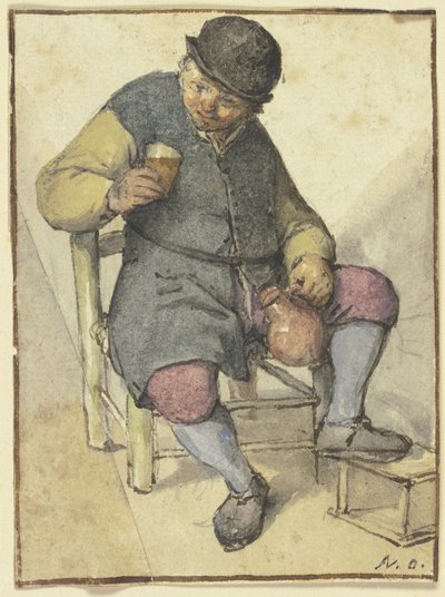 Camponês sentado, visto de frente, com jarro e copo de Adriaen van Ostade