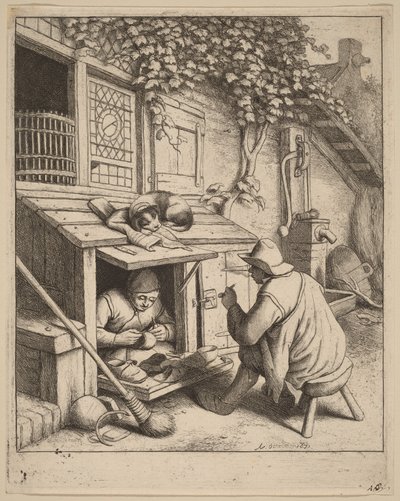 Um fumador sentado num banco a conversar com um sapateiro a trabalhar de Adriaen van Ostade