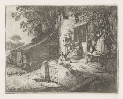 Mulher girando na frente de uma casa de Adriaen van Ostade