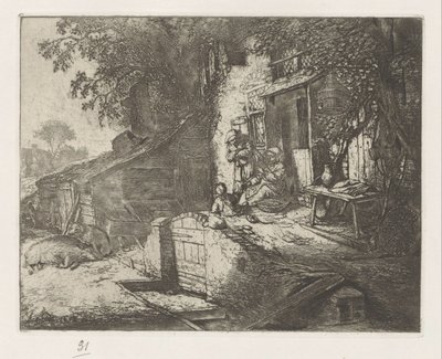 Mulher que gira em frente de uma casa de Adriaen van Ostade