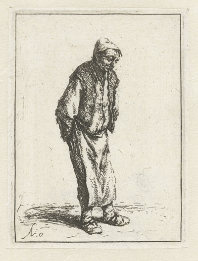 Agricultor em pé com as mãos atrás das costas O mendigo com as mãos atrás das costas de Adriaen van Ostade