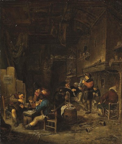 Interior de uma taberna com camponeses a jogar às cartas, a fumar e a beber de Adriaen van Ostade