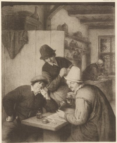 Três camponeses e uma mulher à mesa de Adriaen van Ostade
