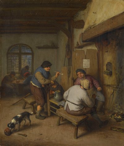 Três camponeses numa taberna, à volta de uma fogueira de Adriaen van Ostade