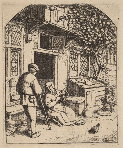 Dois camponeses diante de uma casa, a mulher enrola lã de Adriaen van Ostade