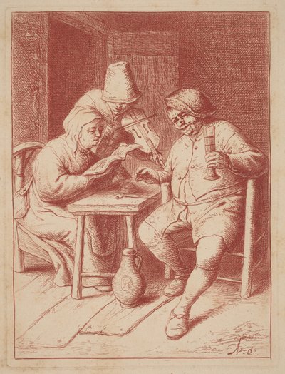 Dois cantores e um violinista num interior de Adriaen van Ostade