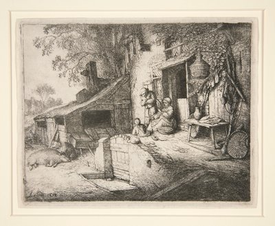 Mulher girando em uma porta de casa de campo de Adriaen van Ostade
