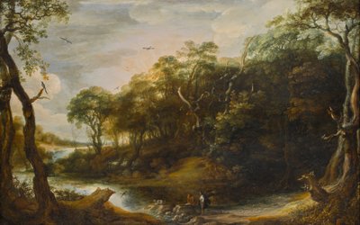 Paisagem com o anjo Rafael e Tobais que está a abrir o peixe (Tobit 6,1-5) de Adriaen van Stalbemt