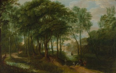 Caminhantes numa vegetação rasteira, arquitetura ao fundo de Adriaen van Stalbemt