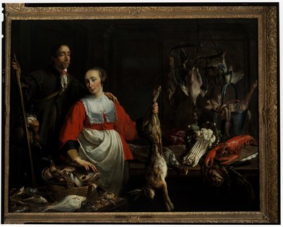 Um guarda-caça com uma pistola de caça e uma criada segurando uma lebre morta numa despensa de Adriaen van Utrecht
