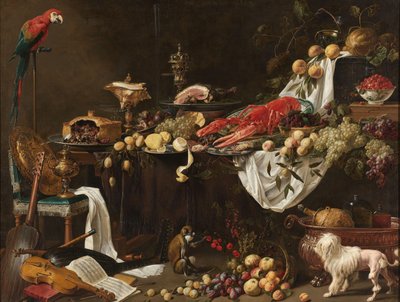 Banquete Natureza Morta
Pronk Natureza Morta com um Papagaio, Cão e Macaco de Adriaen van Utrecht