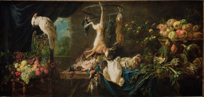 Natureza morta - caça, vegetais, frutas, cacatua de Adriaen van Utrecht