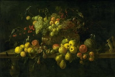 Natureza morta com frutas em uma mesa de Adriaen van Utrecht