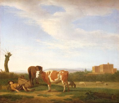 Uma paisagem pastoral com um pastor adormecido, século XVII de Adriaen van de Velde