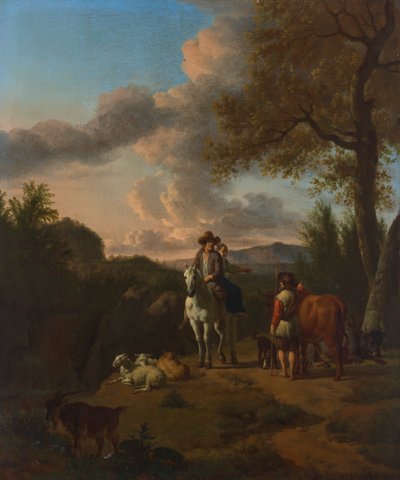 Uma paisagem italiana com um homem e uma mulher montados num cavalo branco, a pedir indicações a um pastor de Adriaen van de Velde
