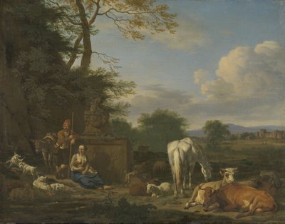 Paisagem árcade com descansando pastores e animais, 1664 (óleo sobre tela no painel) de Adriaen van de Velde