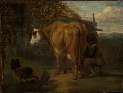 Vaca castanha ordenhada por um pastor de Adriaen van de Velde