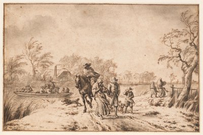 Paisagem de outono com viajantes e ferry de Adriaen van de Velde