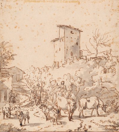 Paisagem italiana com pessoas e gado de Adriaen van de Velde