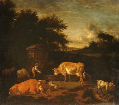 Pastora e um tropeiro com seus rebanhos por uma fonte clássica em uma paisagem arborizada de Adriaen van de Velde