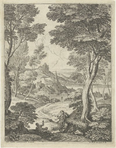 Paisagem com uma torre pontiaguda Paisagens com pastores (título da série) de Adriaen van der Kabel