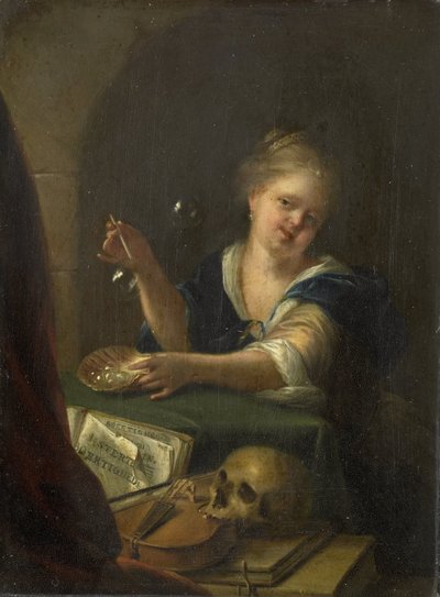 Garota sopradora de bolhas com uma natureza morta Vanitas de Adriaen van der Werff (manner of)