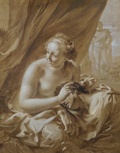 Enquanto Sansão dorme ao colo de Dalila, esta chama os seus inimigos para que se aproximem e lhe cortem o cabelo (Juízes 16,19) de Adriaen van der Werff