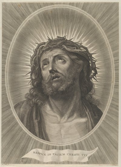 Cabeça de Cristo olhando para cima com coroa de espinhos, em moldura oval, depois de Reni, ca. 1..., aprox. 1653-67. de Adrian van Melar
